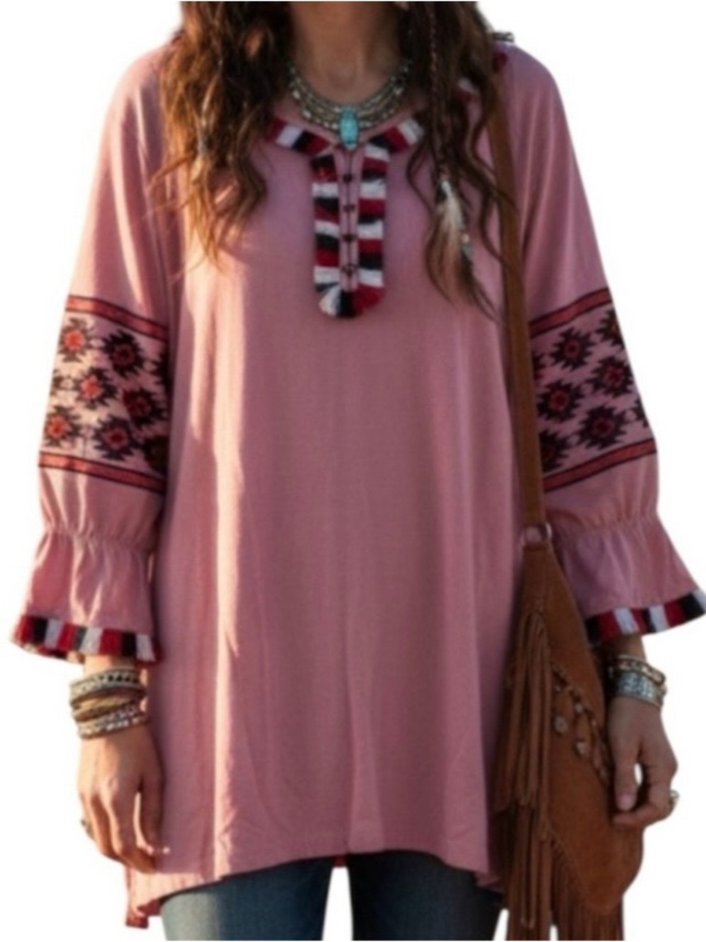 T.K Classic Cotton Linen Sz M Boho Fringed Oversized Top